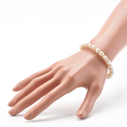 Bracelets manchette en laiton, avec perles naturelles et fil de cuivre