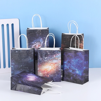 Starry Sky Pattern Kraft Paper Bags, with Hemp Rope, Gift Bags, Shopping Bags, Rectangle