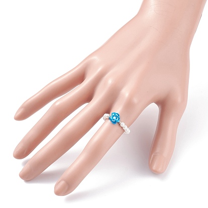 Anillo de dedo elástico con perla de concha, Anillo de dedo hecho a mano con cuentas de flores de cristal millefiori para mujer