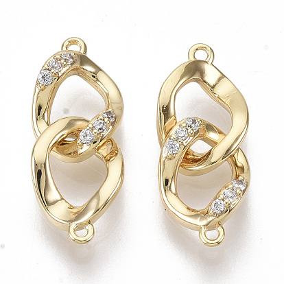 Brass Micro Pave Clear Cubic Zirconia Links/Connectors, Nickel Free, Curb Chain Shape, Real 18K Gold Plated
