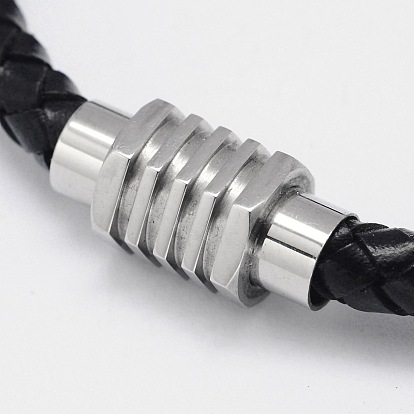 Bracelets cordon cuir tressé, avec 304 fermoirs magnétiques en acier inoxydable, 200x6mm