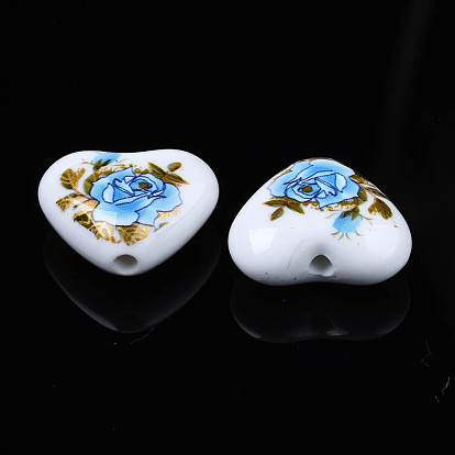 Flower Printed Opaque Acrylic Heart Beads
