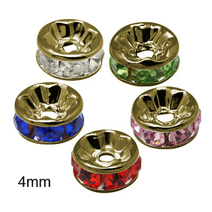 Séparateurs perles en verre avec strass en laiton, grade de aaa, bride droite, sans nickel, métal couleur bronze antique, rondelle, 4x2mm, Trou: 1mm