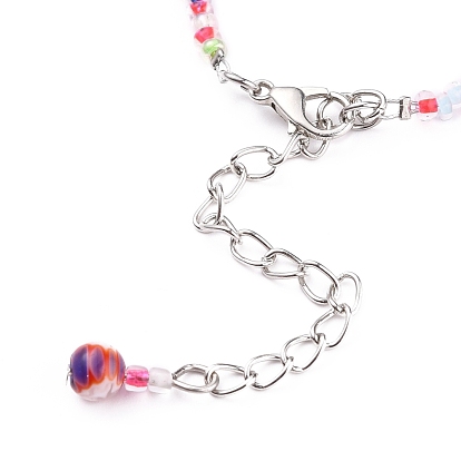 Handmade Millefiori Glass Beads Anklets, with Glass Seed Beads and Zinc Alloy Lobster Claw Clasps