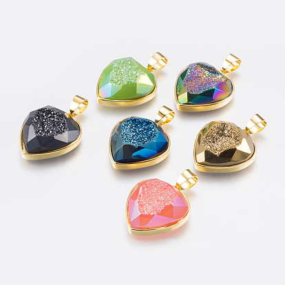 Electroplated Natural Druzy Quartz Crystal Pendants, with Brass Finding, Heart, Faceted, Golden