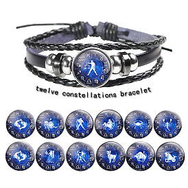 12 bracelets avec cordon en cuir de constellation, avec perles d'alliage et cordon de cire, plat rond