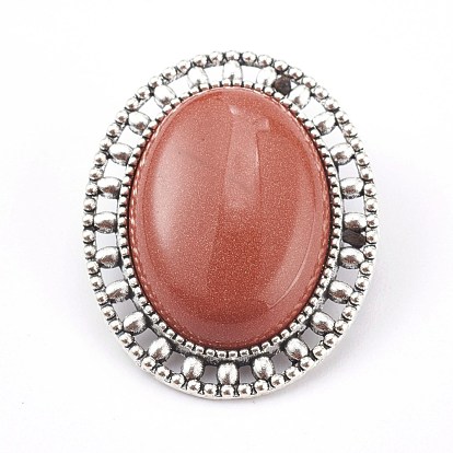 Mixed Gemstone Brooch, with Alloy Findings, Oval, Antique Silver