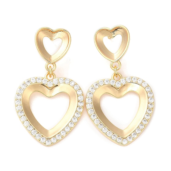 Brass Micro Pave Cubic Zirconia Stud Earring Finding, Heart, Nickel Free