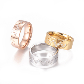 304 Stainless Steel Finger Rings, with Cubic Zirconia, Wide Band Rings