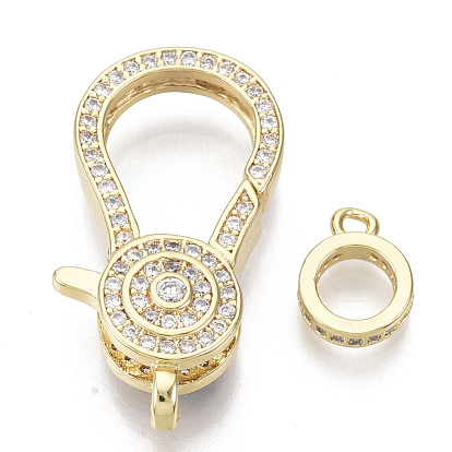 Brass Micro Pave Clear Cubic Zirconia Lobster Claw Clasps, with Tube Bails, Nickel Free, Flat Round