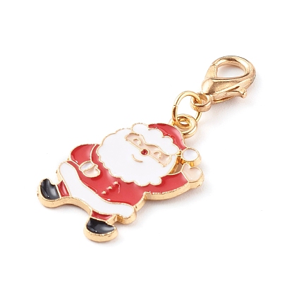 Christmas Theme Light Gold  Alloy Enamel Pendants, with Lobster Claw Clasps, Tree & Reindeer/Stag & Santa Claus & Wreath