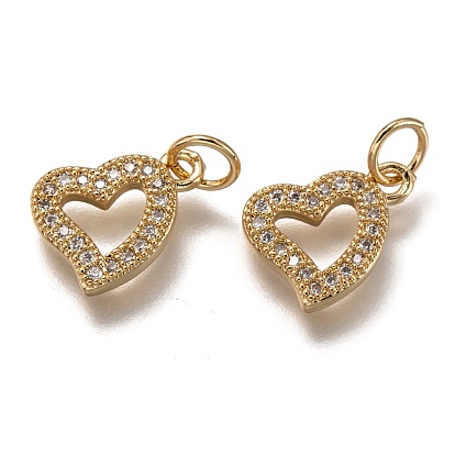 Brass Micro Pave Clear Cubic Zirconia Charms, Cadmium Free & Lead Free, Long-Lasting Plated, Heart