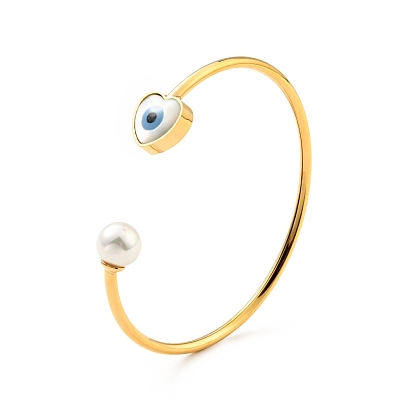 Shell Pearl & Heart with Evil Eye Open Cuff Bangle, 304 Stainless Steel Jewelry for Woman