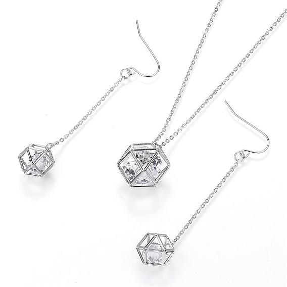 304 de acero inoxidable conjuntos de joyas, Pendientes y collares pendientes, Hexágono con cristal de strass