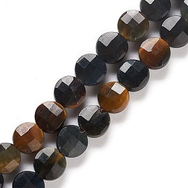 Natural Blue Tiger Eye Beads Strands, Dyed, Faceted, Flat Round