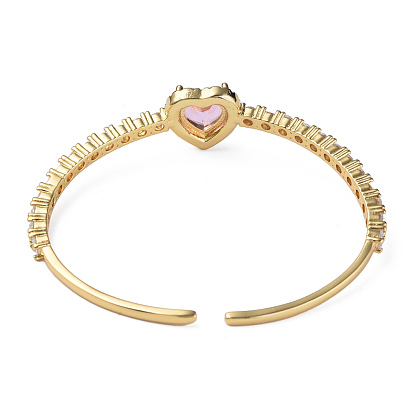 Cubic Zirconia Heart Open Cuff Bangle, Real 18K Gold Plated Brass Jewelry for Women