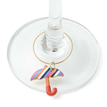 Umbrella Alloy Enamel Wine Glass Charms Sets, with Brass Hoop Earrings Findings