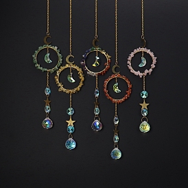 Glass & Brass Pendant Decorations, Suncatchers, Rainbow Makers, with Gemstone Chips, for Home Decoration