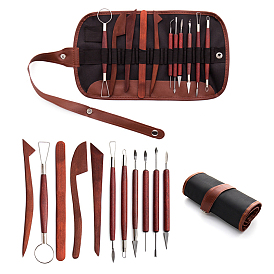 Kit d'outils de sculpture en argile en fer et en bois, pour la fabrication artisanale d'argile bricolage, avec sac de rangement
