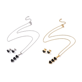 Black Acrylic Heart Stud Earrings & Pendant Necklace, 304 Stainless Steel Jewelry Set for Women