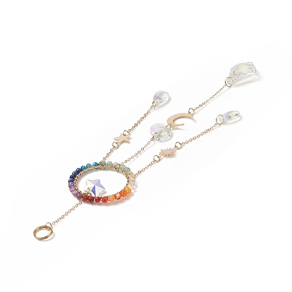 Glass Teardrop & Star Window Hanging Suncatchers, Ring Natural Gemstone & Brass Sun & Moon & Star Pendants Decorations Ornaments
