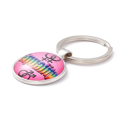 Pride Style Glass Keychain, with Platinum Plated Alloy Findings, Flat Round