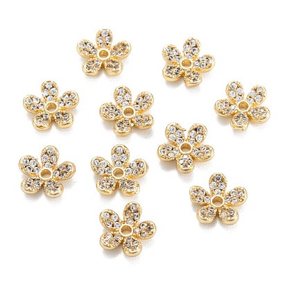 Brass Micro Pave Clear Cubic Zirconia Beads, Long-Lasting Plated, Flower