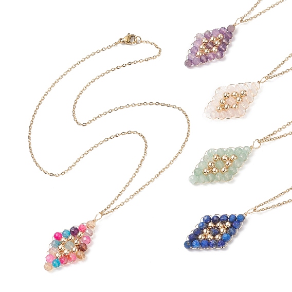 Collier pendentif losange en perles de pierres précieuses mélangées naturelles, bijoux enveloppés de fil de cuivre doré pour femmes