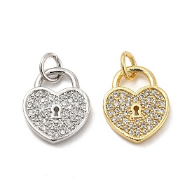 Brass Micro Pave Clear Cubic Zirconia Charms, with Jump Ring, Heart Lock Charm