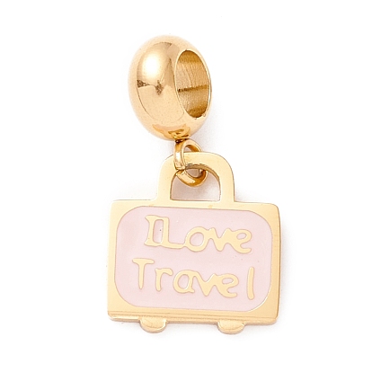 304 Stainless Steel European Dangle Charms, Large Hole Pendants, with Enamel, Bag & Word I Love Travel