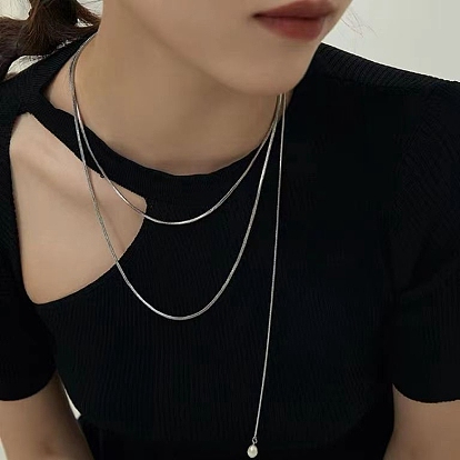 304 Collier chaîne serpent rond en acier inoxydable avec breloque pompon perle acrylique pour femme