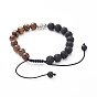 Tibetan Style Alloy Elephant Adjustable Braided Bead Bracelets, with Natural Lava Rock & Tiger Eye Beads