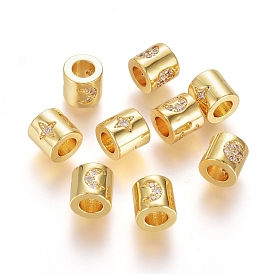 Brass Micro Pave Cubic Zirconia Beads, Long-Lasting Plated, Column with Star, Real 18K Gold Plated