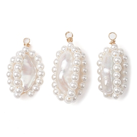 Pendentifs perle keshi perle baroque naturelle, Breloques ovales avec perles de coquillage enveloppées de fil de cuivre, or