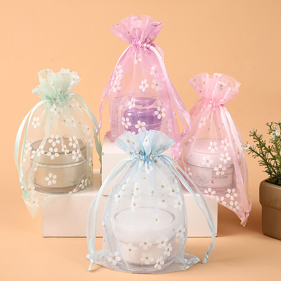 Rectangle Organza Drawstring Bags, Embroidery Flower Pattern