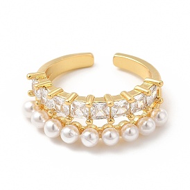 Anillo de puño abierto de circonita cúbica transparente con cuentas de perlas de plástico, joyas de latón para mujer, sin plomo y cadmio