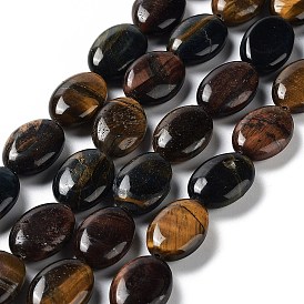 Three Color Natural Tiger Eye Beads Strands, Flat Oval, Mixed Dyed and Undyed