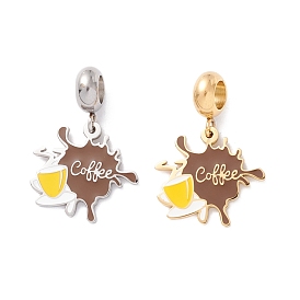 304 Stainless Steel European Dangle Charms, Large Hole Pendants, with Enamel, Cup with Word Coffee