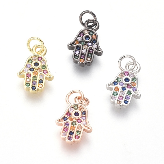 Brass Micro Pave Cubic Zirconia Charms, with Jump Rings, Hamsa Hand/Hand of Miriam, Colorful
