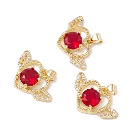 Brass Micro Pave Red Cubic Zirconia Pendants, Cadmium Free & Lead Free, Heart with Wing