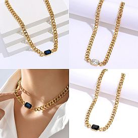 Cubic Zirconia Rectangle Pendant Necklace, with Golden Stainless Steel Cuban Link Chains
