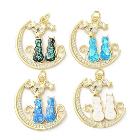 Brass Micro Pave Clear Cubic Zirconia Pendants, with Synthetic Opal, with Jump Ring, Real 18K Gold Plated, Moon with Cat