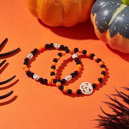 Conjuntos de pulseras elásticas de color turquesa sintético (teñido) con calavera y calabaza de Halloween Jack-o'-lantern, pulseras de cuentas acrilicas para mujer
