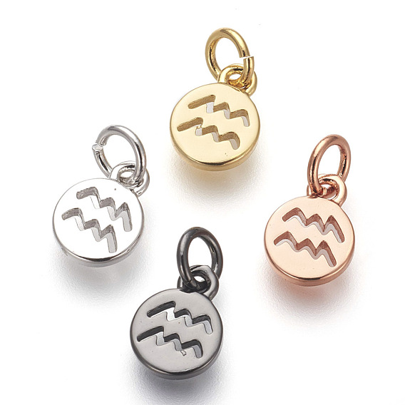 Brass Charms, Lead Free & Cadmium Free, Flat Round with Constellations