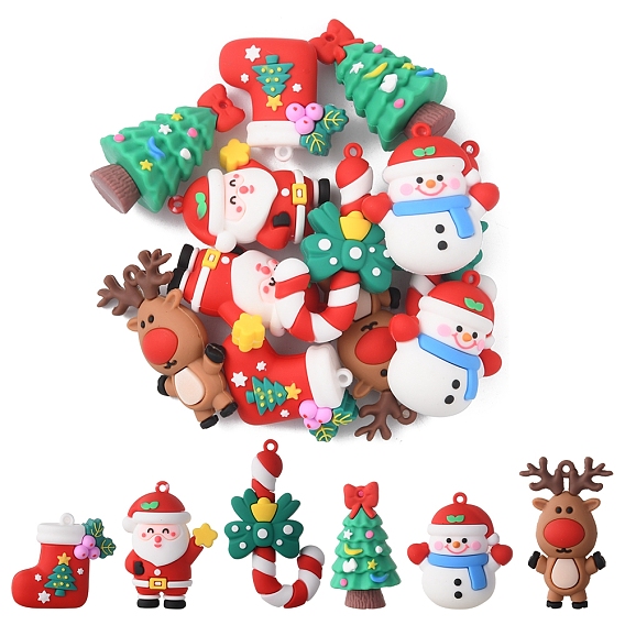 12 pcs 6 styles gros pendentifs en plastique pvc, le thème de Noël, Chaussette de Noël et canne en bonbon et bonhomme de neige et arbre et wapiti et père