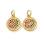 Brass Micro Pave Cubic Zirconia Charms, with Jump Ring, Real 18K Gold Plated, Flat Round with Heart