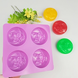 Moules en silicone de savon de bricolage, pour la fabrication de savons artisanaux, rond plat avec motif lune et visage, 4 cavités