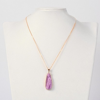 Natural Drusy Agate Teardrop Pendant Necklaces, with Brass Chains and Spring Ring Clasps, 18 inch