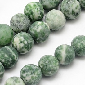 Natural Green Spot Jasper Round Bead Strands, Frosted, Round