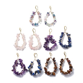 5 Pairs 5 Style Natural Mixed Gemstone Chips Teardrop Dangle Earrings, Brass Wire Wrap Big Drop Earrings for Women, Light Gold